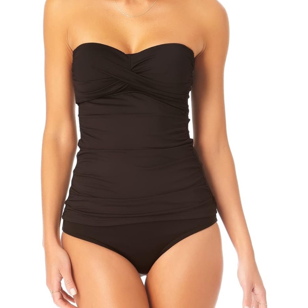 Anne Cole Women's Solid Twist Front Shirred Bandeau Tankini Swim Top, size L